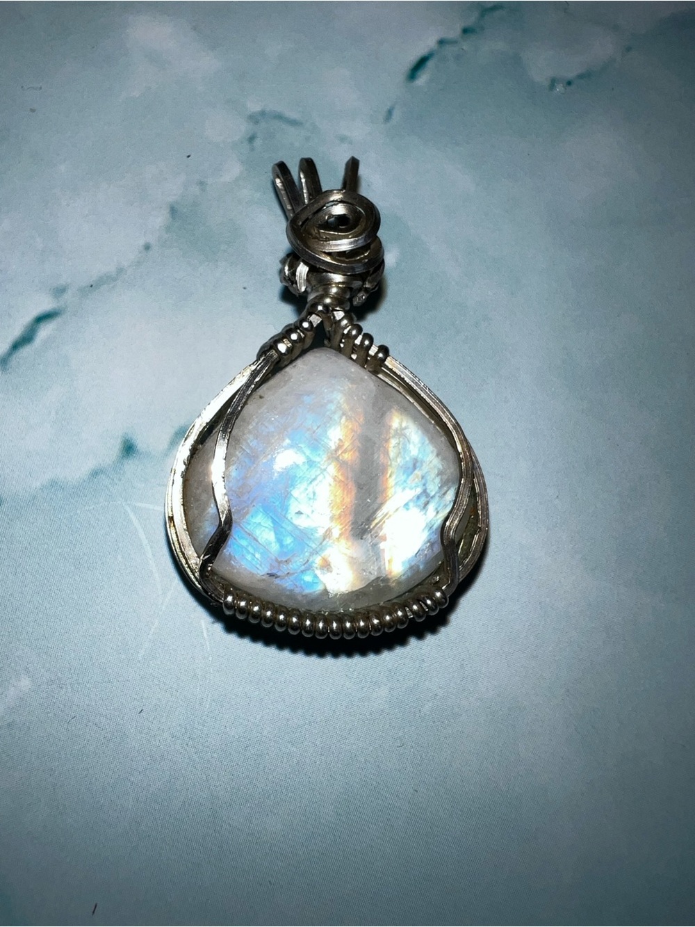 Moonstone Pendant - Iridescent Blue-White Gem in Silver Setting